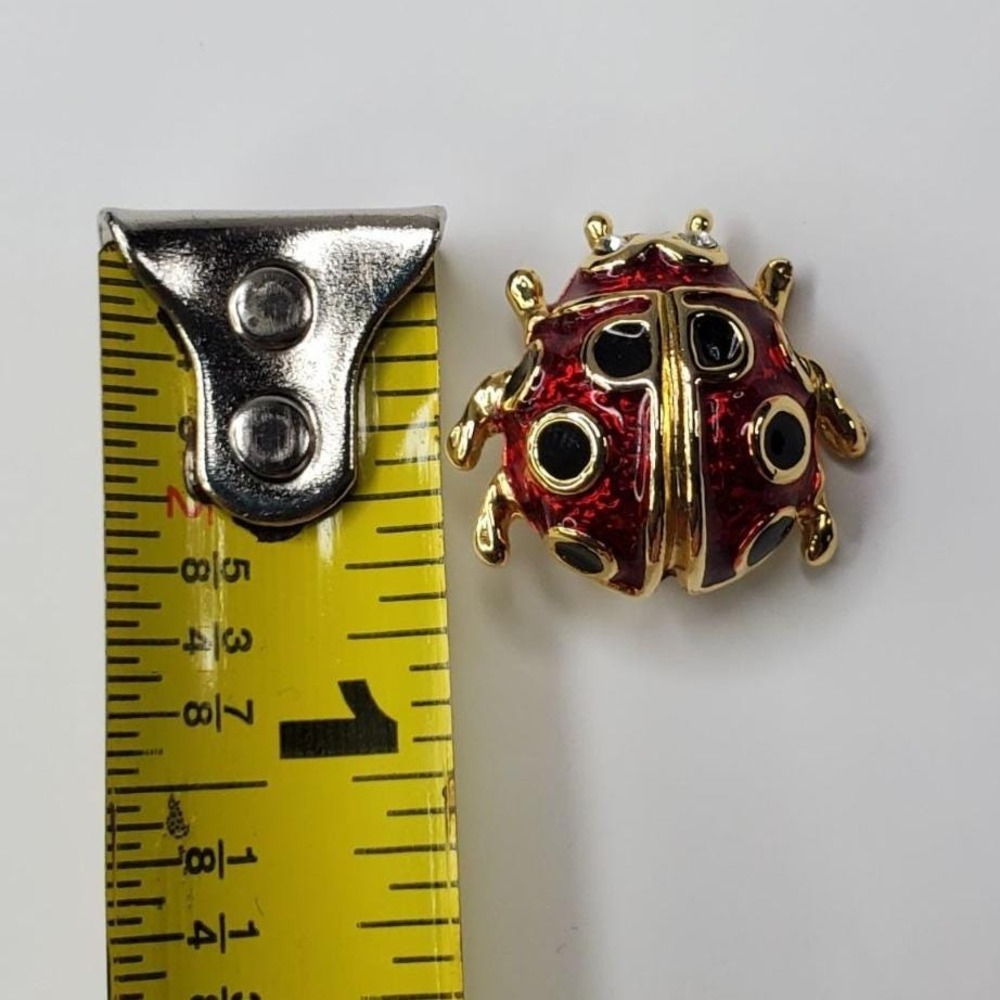 Small Ladybug Brooch Pin In Red & Gold With Rhinestone Eye 3/4 inch - Picture 2 of 10